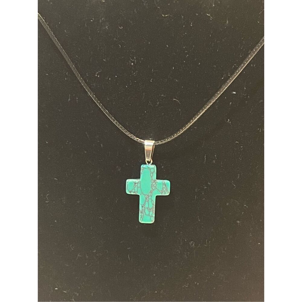 Turquoise Stone Cross on a Black Necklace Cord